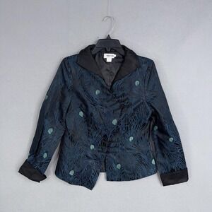 Dragon Silk Jacket Womens Large Blue Peacock Embroidered Silk Toggle Blazer Asia